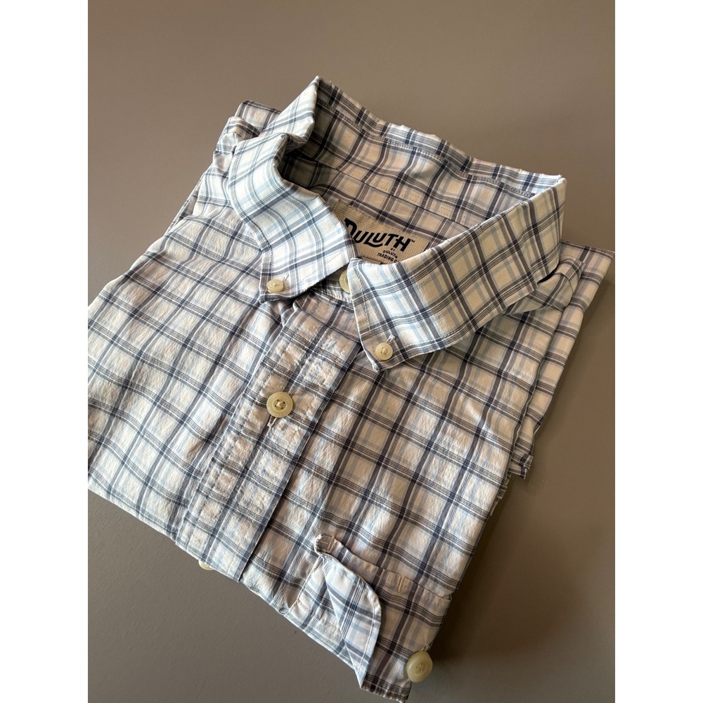 Duluth Trading Co Mens Large Relaxed Fit Coolmax Plaid Short Sleeve Shirt Blue